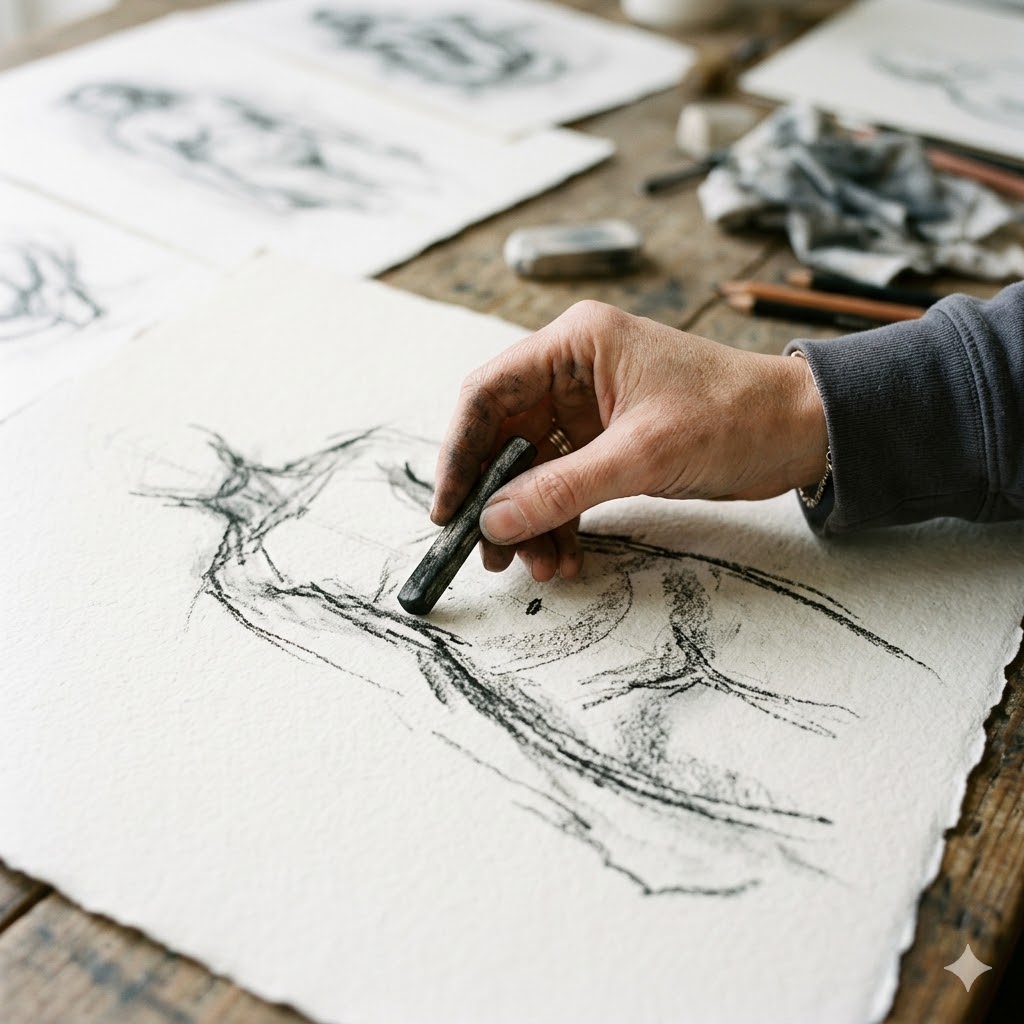 close-up of an artist's hand holding a charcoal stick over high-quality textured paper